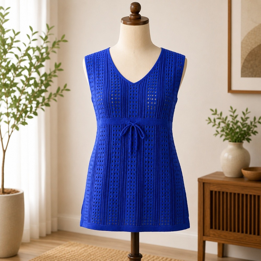NWT Cupshe‎ Crochet Knit Swim Cover Up Women OS Blue V-Neck Drawstring Waist